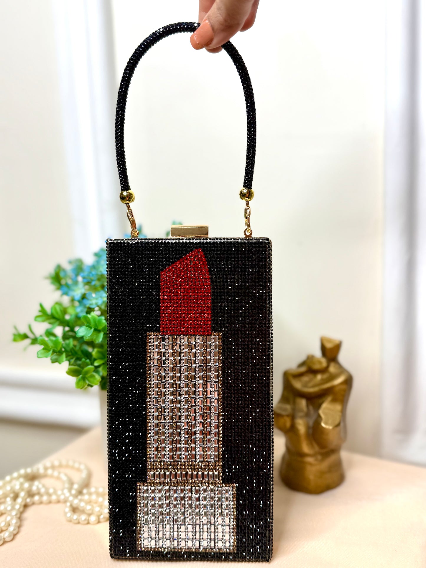Lipstick Rhinestone Clutch in Black