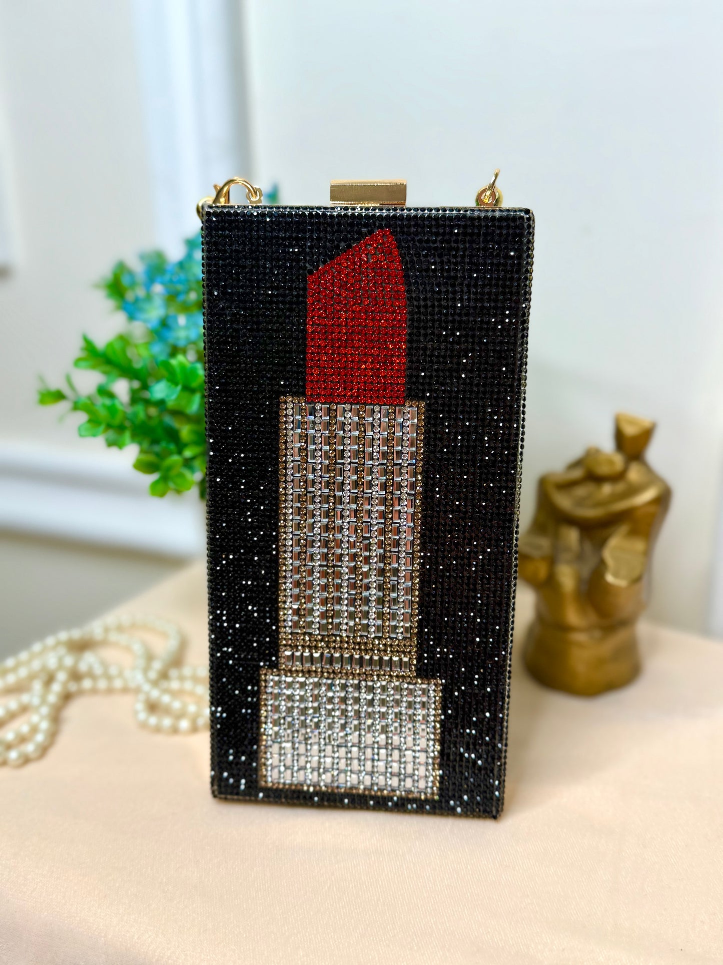 Lipstick Rhinestone Clutch in Black