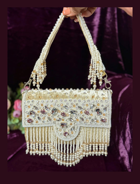 Pearl Grace Embellished Tassel Clutch