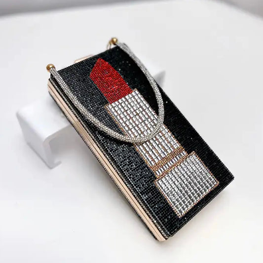 Lipstick Rhinestone Clutch in Black